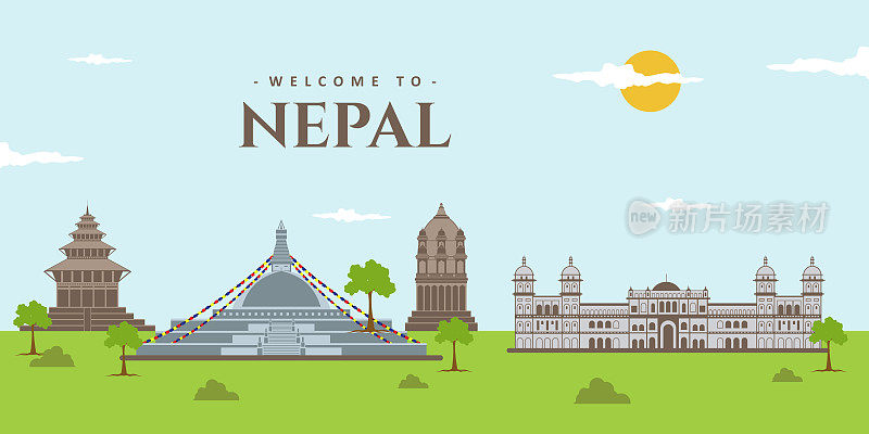 亚洲城市在尼泊尔的天际线。风景尽收眼底，尼泊尔著名地标为游客空缺。Bhoudanath Stupa, Patan Durbar, Janakpur和Bhaktapur Durbar。目的地旅游指南